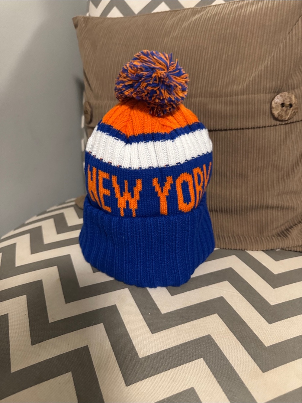 ***2/$15*** Blue & Orange 'New York' Pom-Pom Knit Beanie Hat